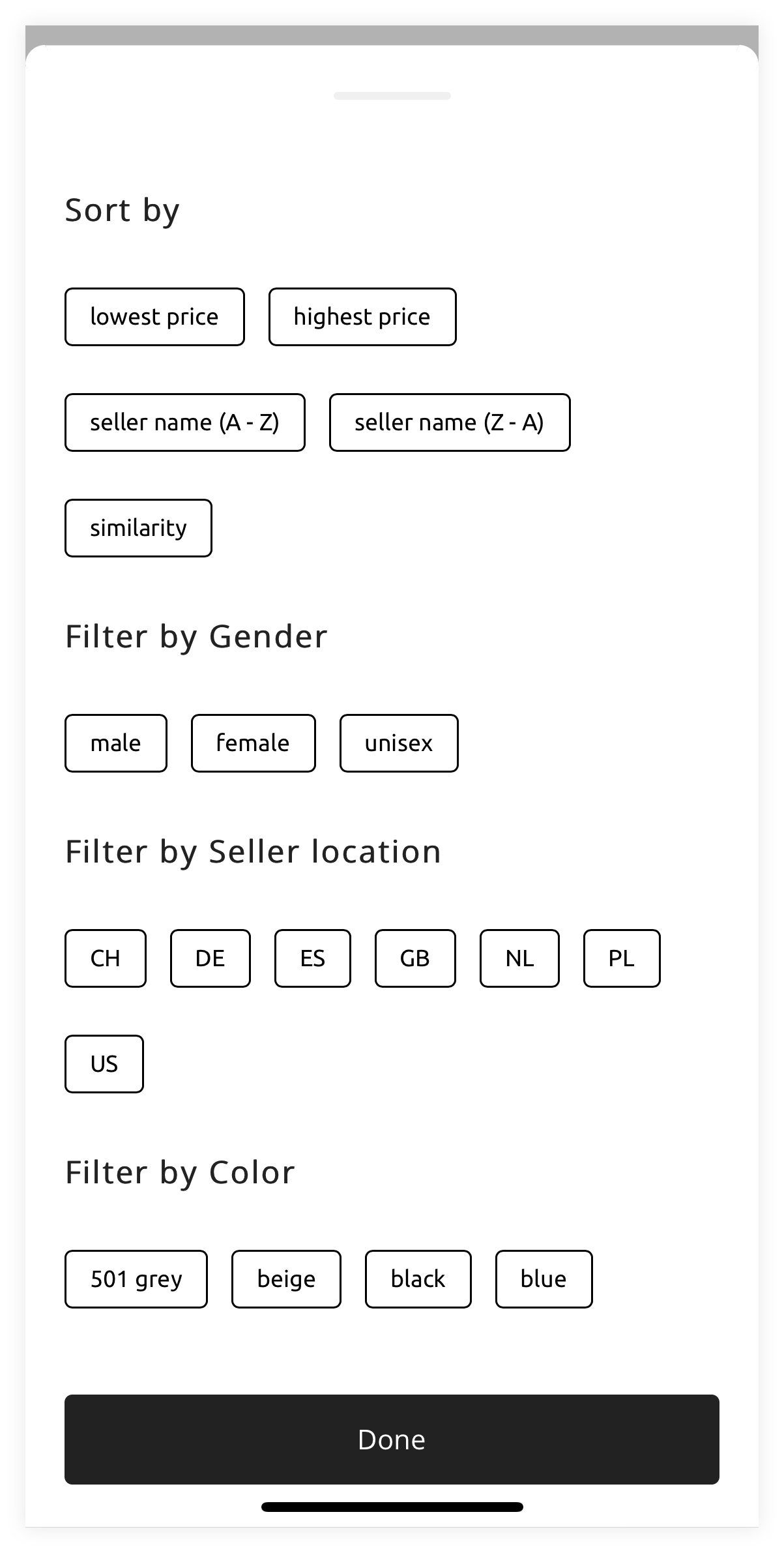 sort and filter screen