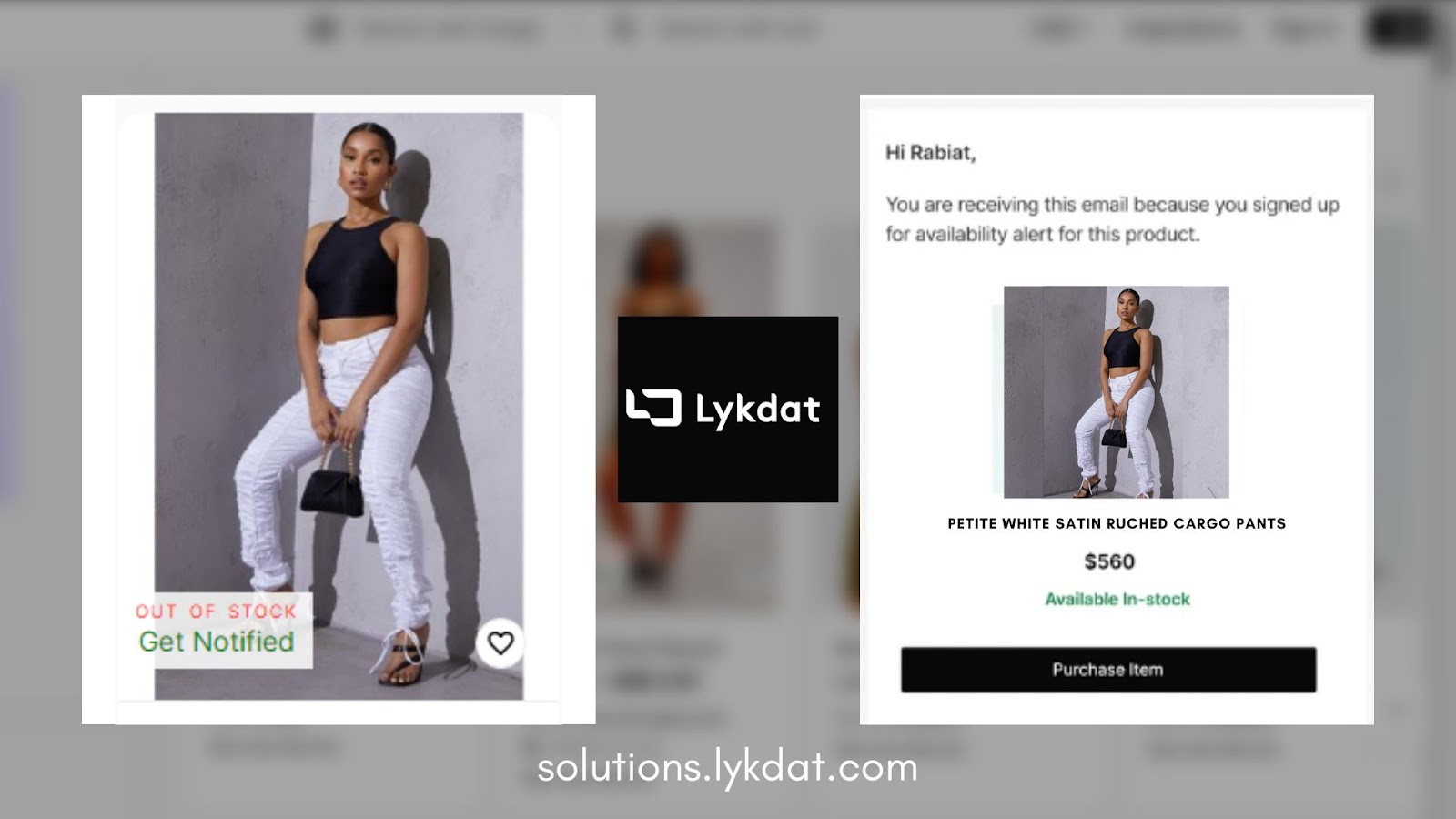 Back-in-stock email alert powered by Lykdat's Product Alerts API